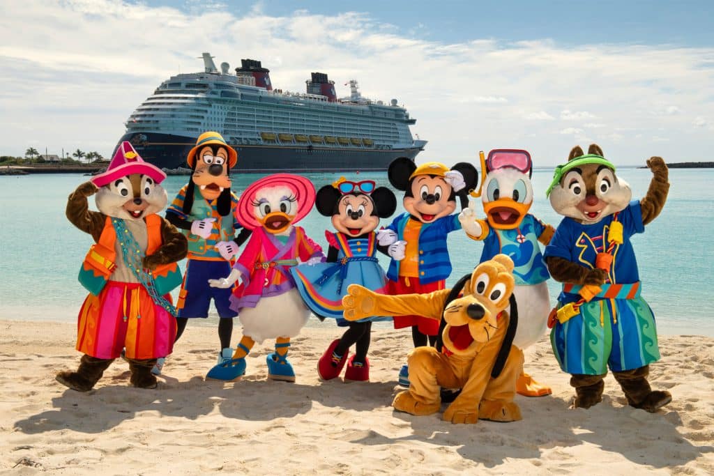 Image of Mickey Mouse and friends on Castaway Cay in their new beach outfits Disney Cruise Line