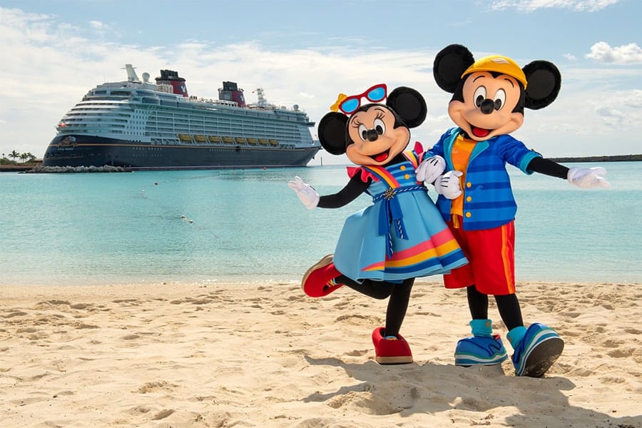 Image of Mickey Mouse and Minnie Mouse on Castaway Cay in their new beach outfits Disney Cruise Line