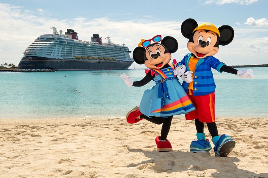 Image of Mickey Mouse and Minnie Mouse on Castaway Cay in their new beach outfits - Disney Cruise Line