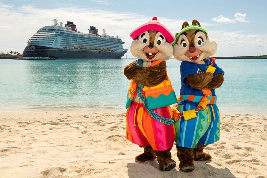 Image of Chip and Dale on Castaway Cay in their new beach outfits Disney Cruise Line