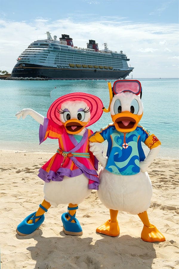 Image of Donald Duck and Daisy Duck on Castaway Cay in their new beach outfits - Disney Cruise Line