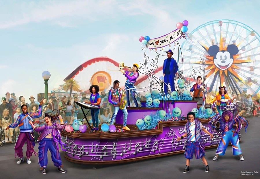 Better Together A Pixar Pals Celebration parade with dynamic and colorful floats for Pixar Fest at Disneyland Resort featuring friends from Disney and Pixars Soul