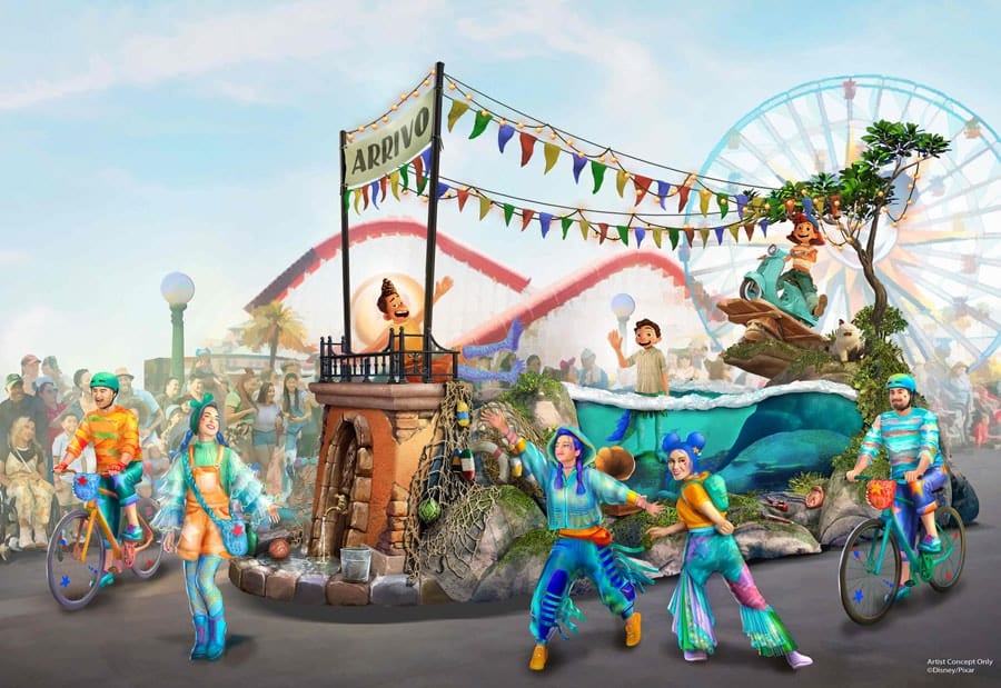 rendering of the “Better Together: A Pixar Pals Celebration!” parade with dynamic and colorful floats that will make their way through Disney California Adventure Park in Anaheim, Calif., during Pixar Fest featuring Pixar friends like Luca, Alberto and Giulia from Disney and Pixar’s “Luca”