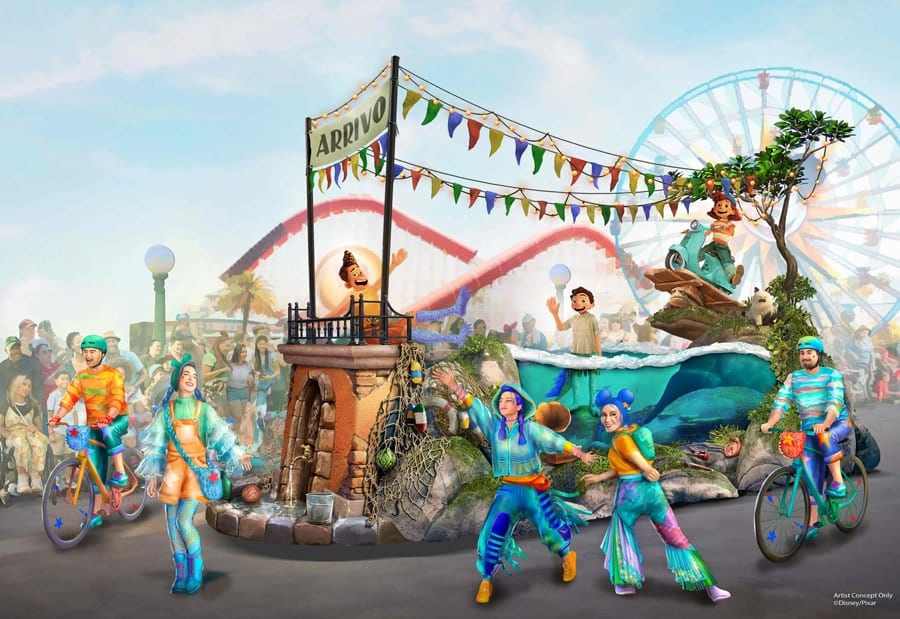 rendering of the Better Together A Pixar Pals Celebration parade with dynamic and colorful floats that will make their way through Disney California Adventure Park in Anaheim Calif during Pixar Fest featuring Pixar friends like Luca Alberto and Giulia from Disney and Pixars Luca