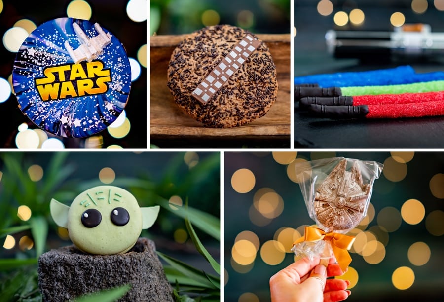 Season of the Force food items Collage of Star Wars Sugar Cookie, Wookiee Cookie, Pretzel Lightsabers, Milk Chocolate Lollipop