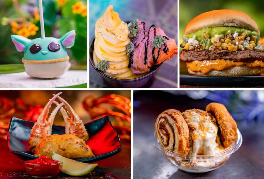 Season of the Force food items Collage of Grogu Candy Apple Pineapple and Ube Crescent Sundae Street style Elote Burger Crab Fritters and Cinnamon Roll Sundae