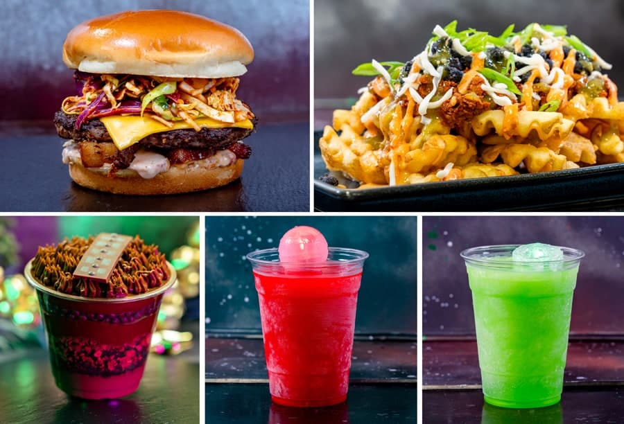 Season of the Force food items Collage of Bantha Burger, Chorizo Loaded Fries, Watermelon Slush with Death Star Glow Cube and Granny Smith Apple Slush with Millennium Falcon Glow Cube