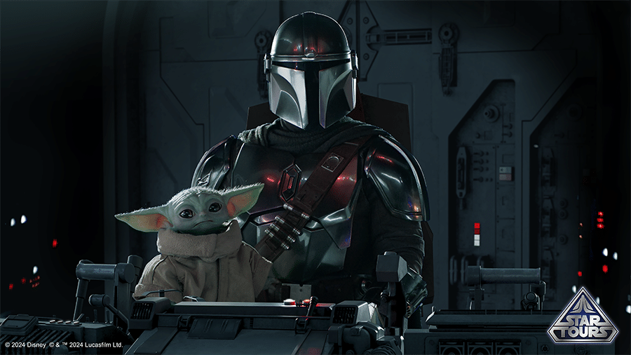 The Mandalorian and Grogu appearing in Star Tours - The Adventures Continue