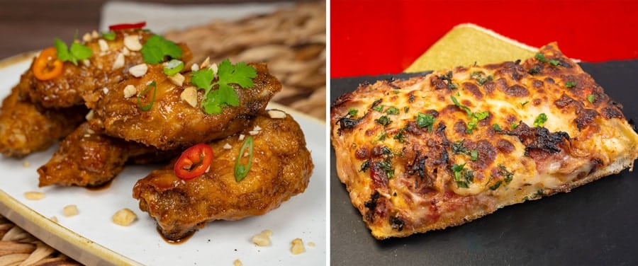 Collage of Bangkok Chicken Wings and Thai Sweet Chili glazed Pork Pizza