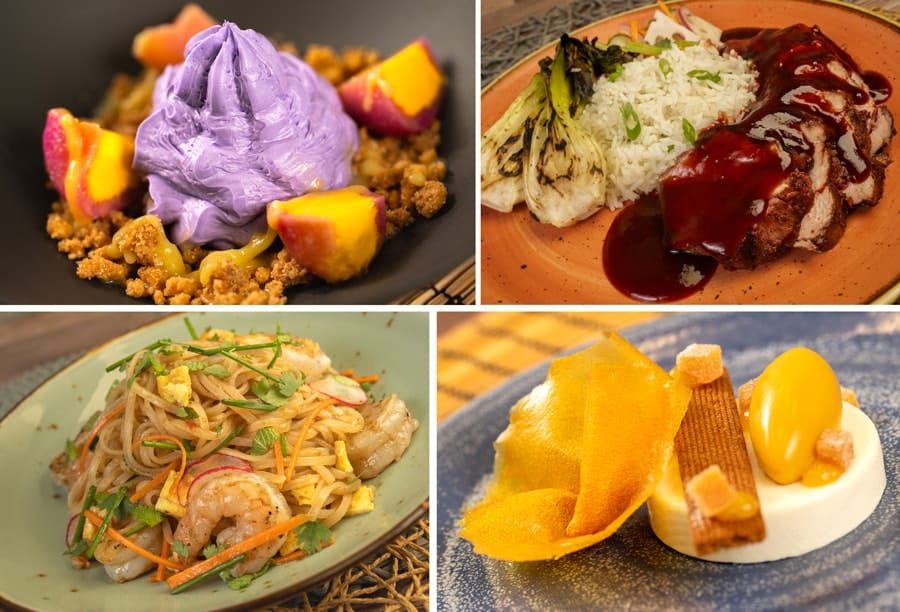 Collage of Passion Fruit Iceoform hardy Har Char Siu Pork Nile Nellie's Noodle Bowl and Mango Float