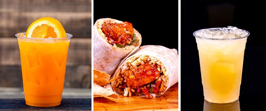 Gyoza Sausage Bun Orange Chicken Burrito Lychee Pear Refresher