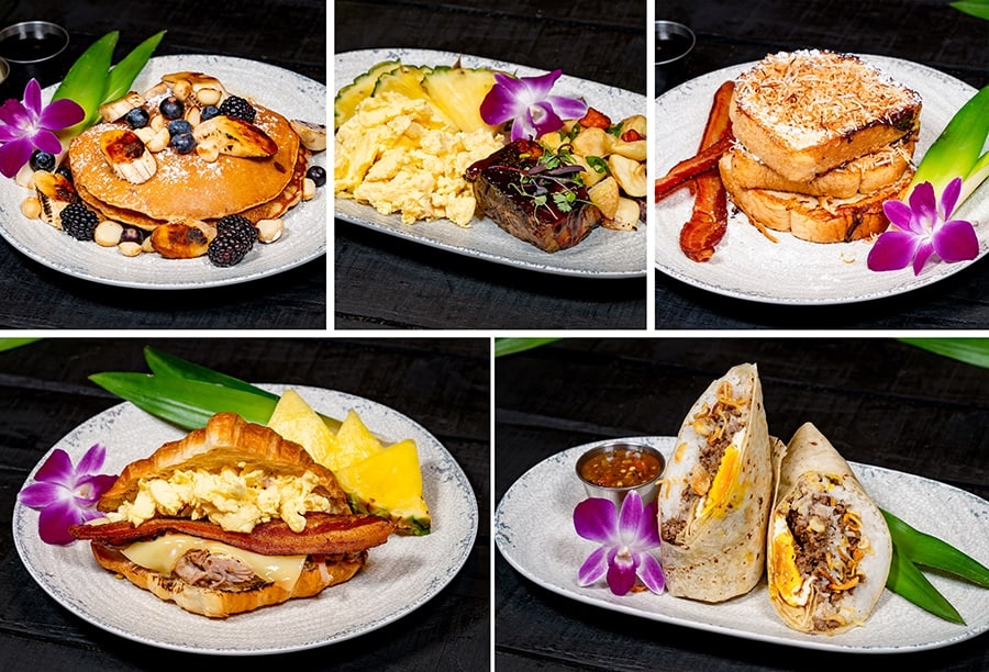Tropical Buttermilk Pancakes Kalbi Short Ribs and Eggs Coconut French Toast Kālua style Pork Breakfast Croissant Sandwich Loco Moco Burrito