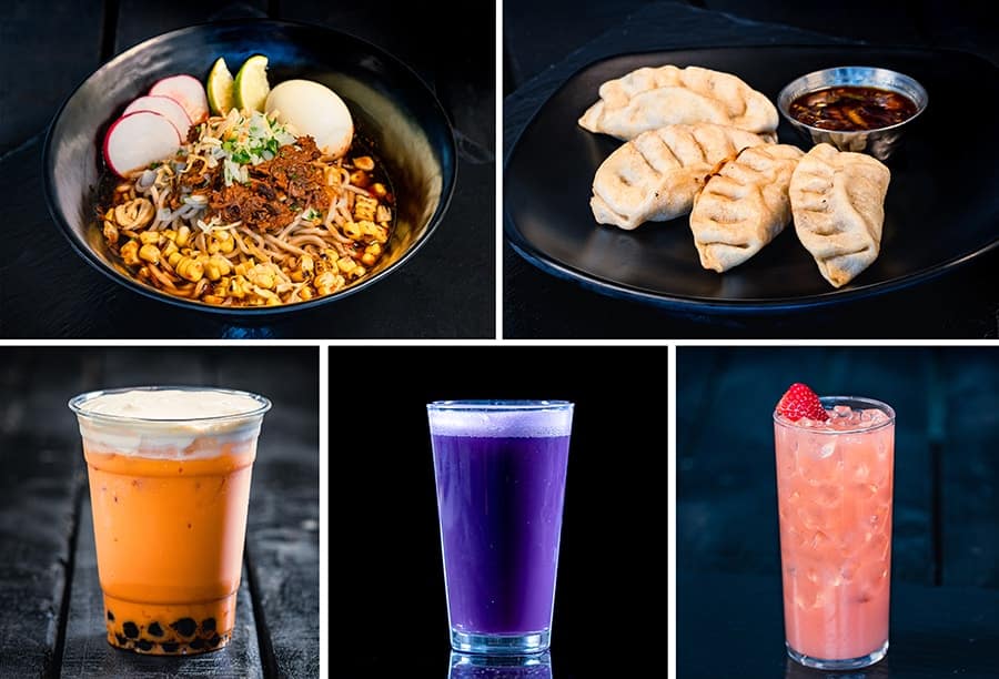 Beef Birria Ramen Pot Stickers Thai Tea Harland Brewing Ube Hazy Ipa and Strawberry Lychee Cocktail
