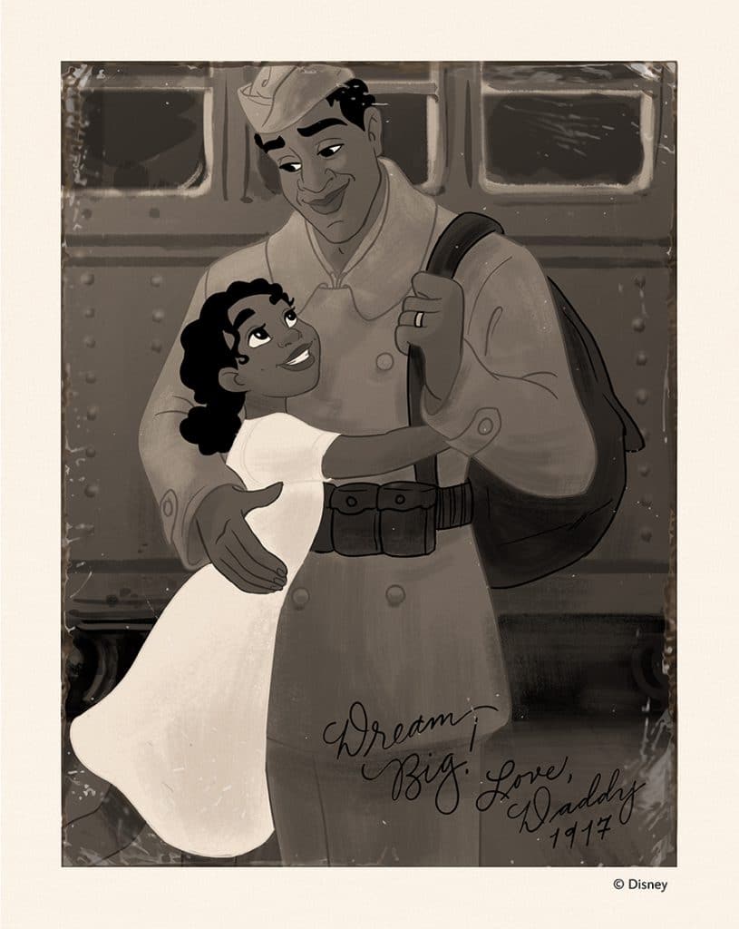 Princess and the Frog characters, Tiana's Dad James, in military uniform, and a young Tiana embrace in front of a train.
