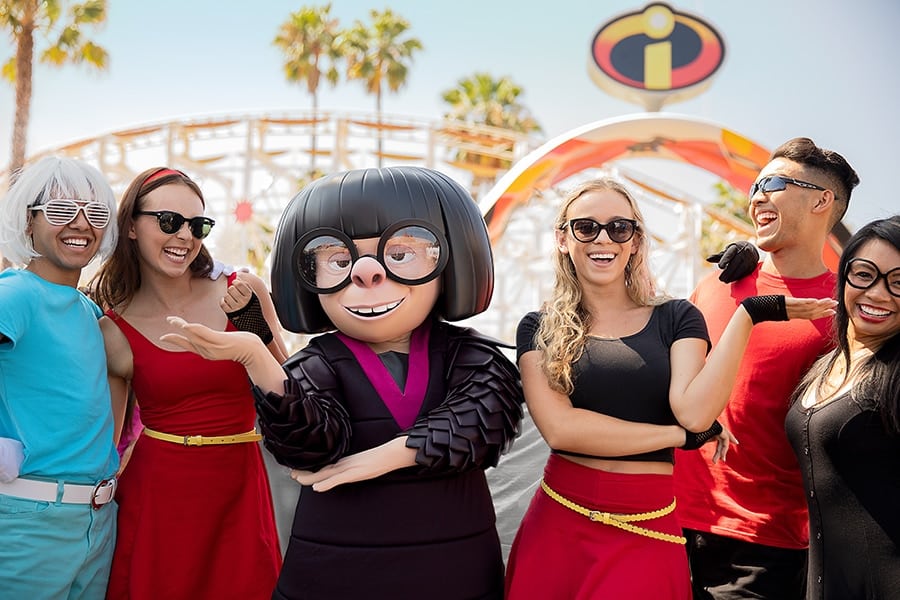 Edna and guests at Pixar Pier at Disneyland Resort