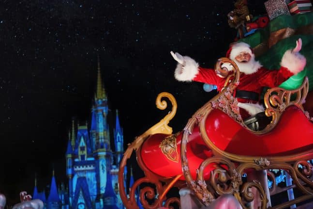Santa Claus in His Sled in Front of Cinderella Castle