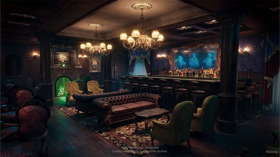 Artist rendering of new Haunted Mansion bar the Haunted Mansion Parlor coming the Disney Cruise Line's newest ship, the Disney Treasure in 2024 featuring glowing green fireplace, iconic Haunted Mansion purple wallpaper, hitchhiking ghosts and additional attraction easter eggs and details.