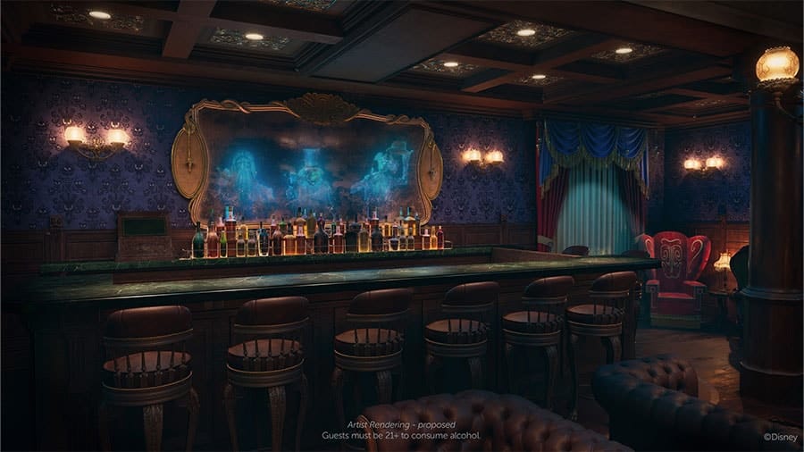 Artist rendering of new Haunted Mansion bar and iconic armchair from the popular Disney attraction the Haunted Mansion Parlor coming the Disney Cruise Line's newest ship, the Disney Treasure in 2024
