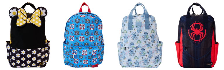Minnie Mouse Daisy All Over Print Loungefly backpack Donald Duck Loungefly Backpack Stitch Experiment 626 Loungefly backpack Miles Morales Spider Man Loungefly backpack