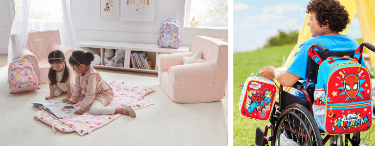 Two girls read a book in a room with Disney Princess decor A boy poses with a Spider Man backpack lunchbox and water bottle