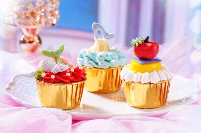 Ariel themed Raspberry Pistachio Cupcake Cinderella themed Bergamot Chocolate Cupcake Snow White themed Mango Apple Cupcake