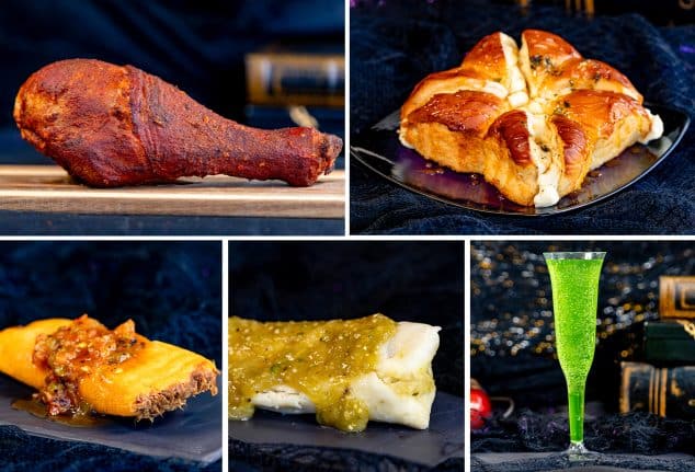 | The Main Street Mouse Ghost Pepper Turkey Leg Garlic Cream Cheese Bread Red Beef Tamale Green Chile and Cheese Tamale Candy Apple Mimosa
