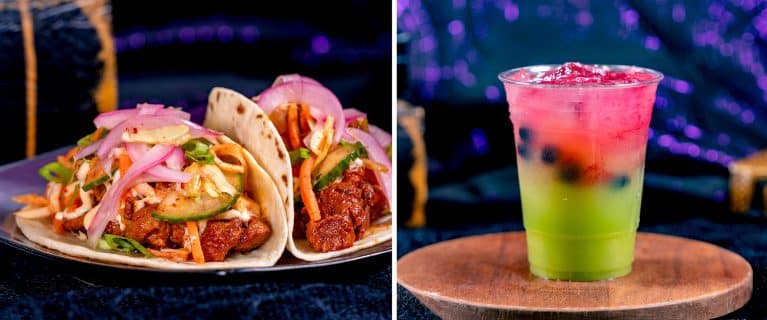 | The Main Street Mouse Asian inspired Spicy Pork Tacos Cucumber mint Lemonade
