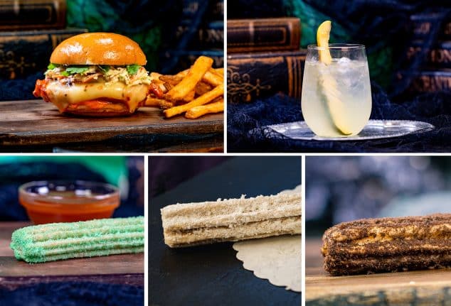 | The Main Street Mouse Spicy Chicken Sandwich Spiked Pickle Lemonade Green Apple Churro with Caramel Sauce Bride Churro Groom Churro