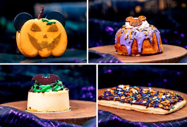 | The Main Street Mouse Jack o'-Lantern Mickey Pumpkin Macaron; Spiced Bundt Cake; Caramel Apple Cheesecake; Hazelnut Brownie Tart with Chocolate Frosting