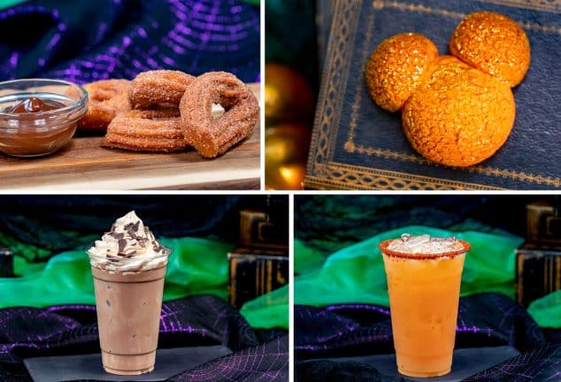 | The Main Street Mouse Churro Loops Con Cajeta Mickey shaped Pumpkin Salted Dulce Cream Puff Iced Mexican hot Chocolate Cantaloupe Agua Fresca