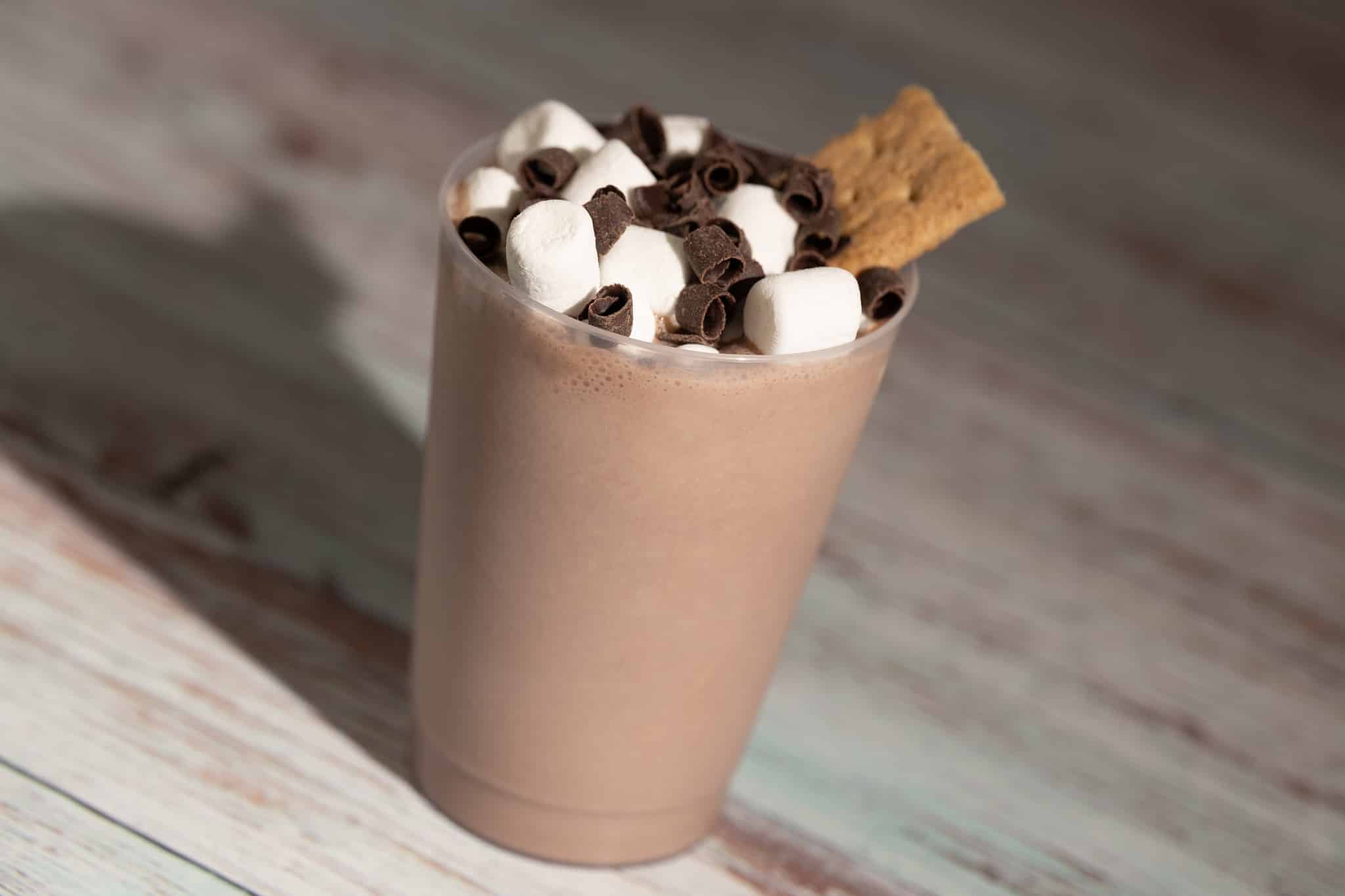Frozen S'more: Chocolate milk shake with marshmallow syrup topped with mini marshmallows and a graham cracker (Non-alcoholic)