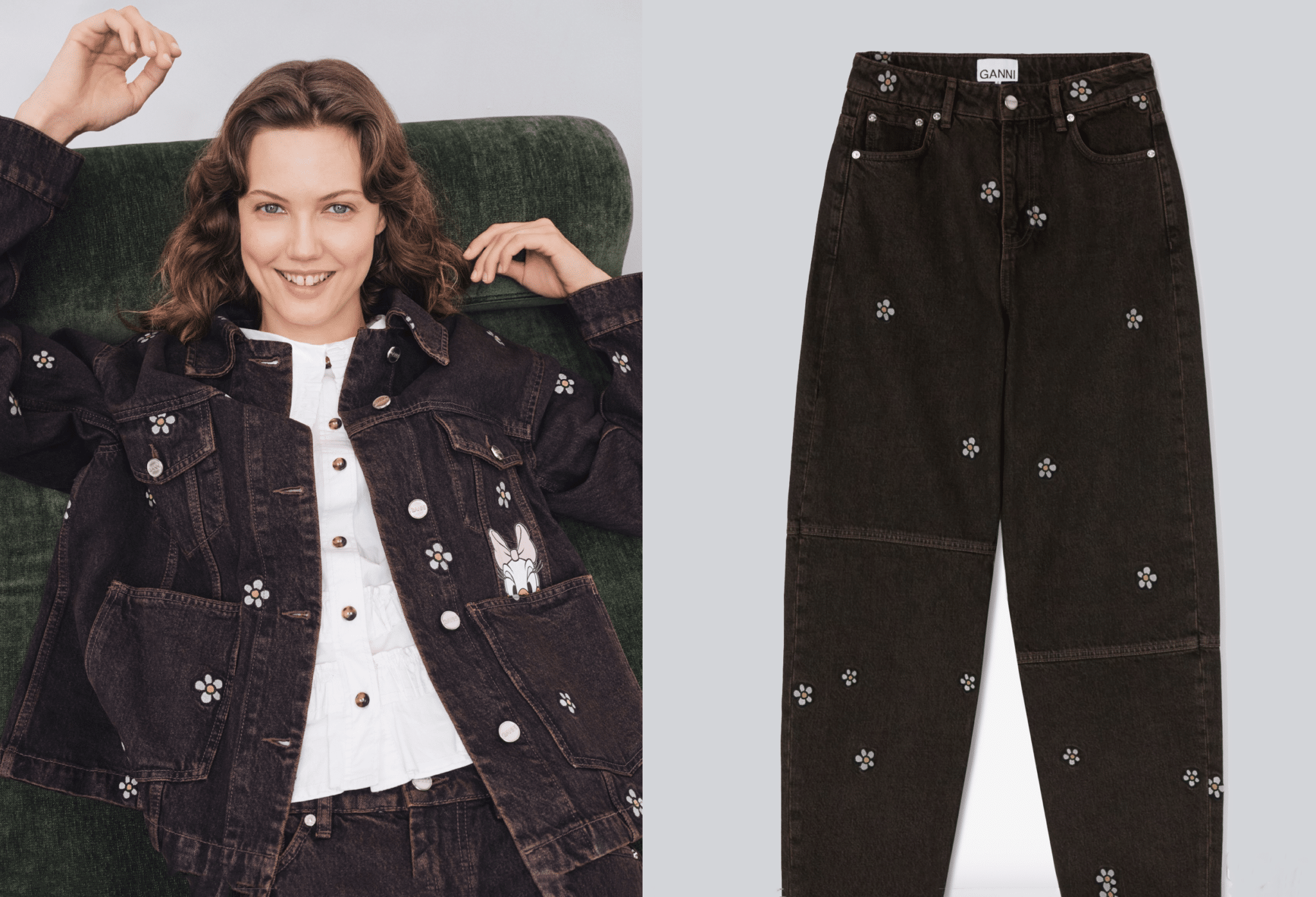 GANNI x Disney Daisy Duck Denim Oversized Jacket and Daisy Duck Stary Jeans