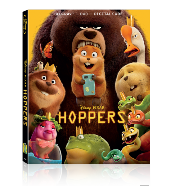 Front cover of a Disney Pixar Blu ray box with a herd of animated animals against a yellow background and the title 'HOPPERS' at the bottom; includes 'Blu-ray + DVD + Digital Code' text.