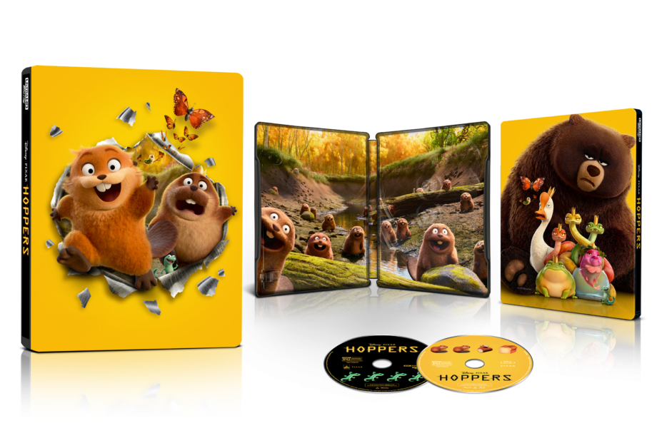 Bright yellow Hop movie case showing an excited orange rabbit bursting through torn paper with other characters and a fold out forest scene in the center