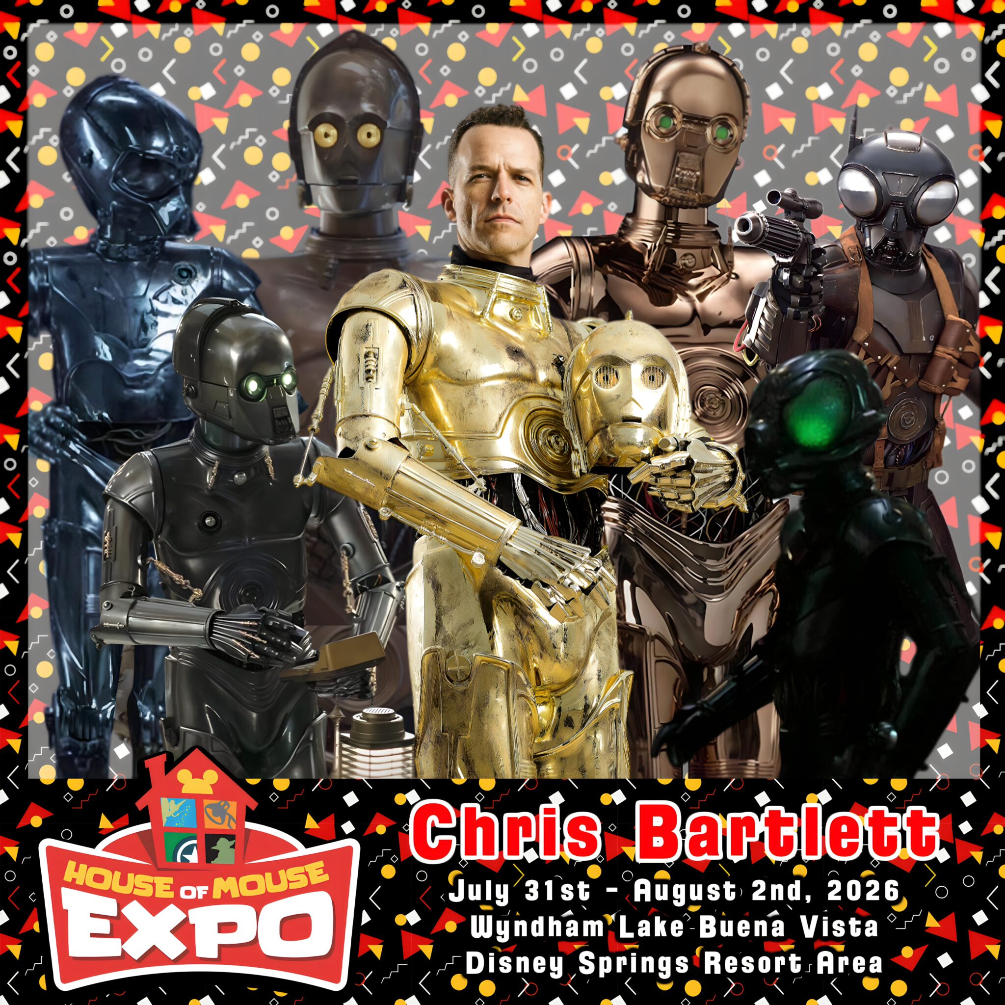 Chris Bartlett Collage | The Main Street Mouse Promotional Poster for House of Mouse Expo with a Man in a Gold Robotic Suit and Several Robots Plus Event Dates and Venue