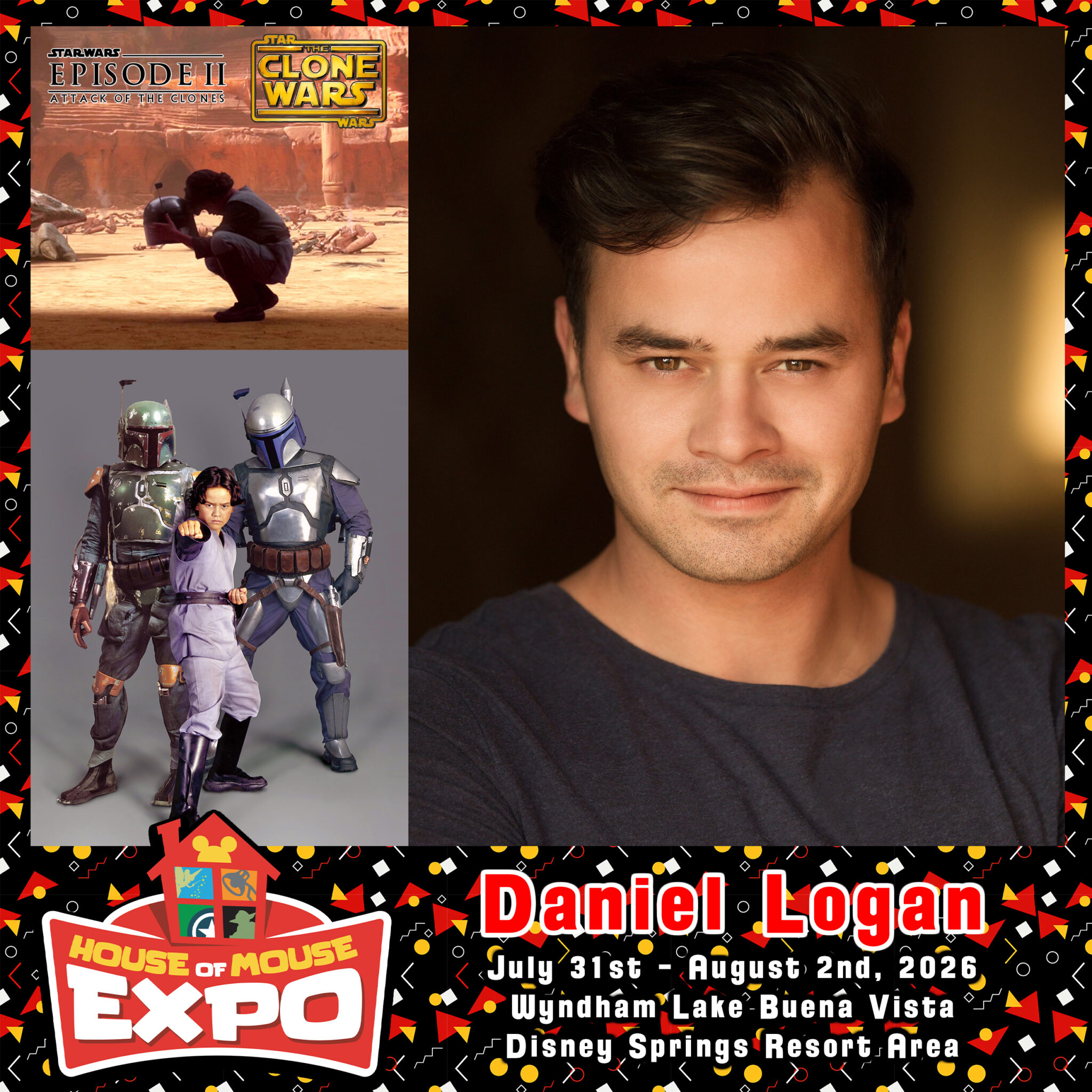 Daniel Logan | The Main Street Mouse Collage Promoting Daniel Logan at House of Mouse Expo Portrait on Right Star Wars Scenes and Logos on Left Expo Banner with Dates and Location at Bottom