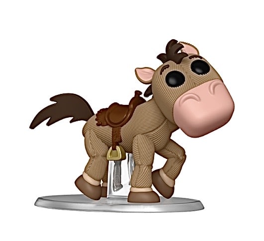 Cartoon horse figurine with large eyes brown mane saddle standing on a small clear base on a gray stand