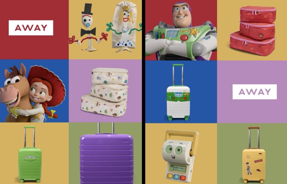 Grid collage of colorful luggage items and playful toys with AWAY branding on red and purple panels in a modular background
