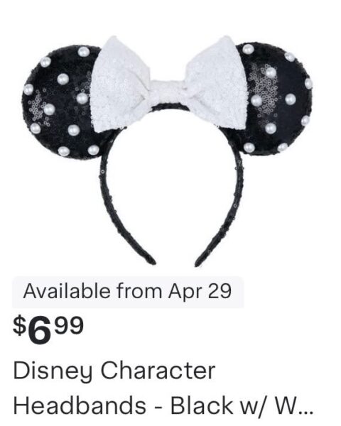 Black sequined Minnie Mouse ears headband with a white bow Disney character accessory Availability Apr 29 9