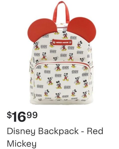 White backpack with red Mickey Mouse ears featuring a repeating Mickey print and front zipper pocket kid friendly Disney bag for travel or school