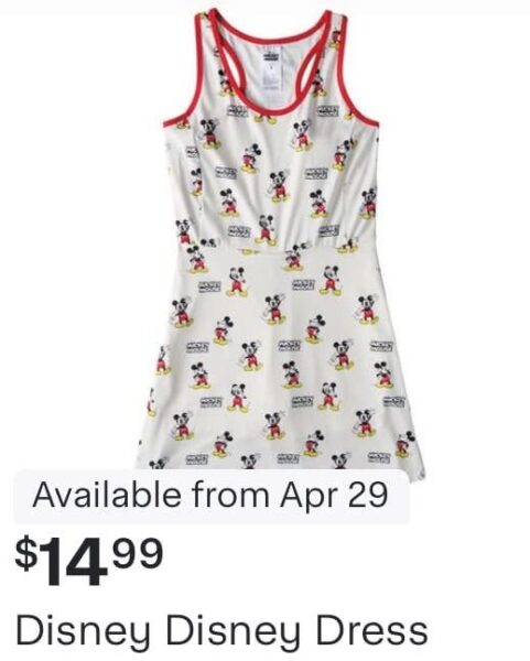 White sleeveless Disney dress with red trim and Mickey Mouse print shown with price 99 and Available from Apr 29 text