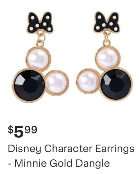 Pair of Minnie Mouse gold tone dangle earrings with black bow pink faux pearls and faceted black stones