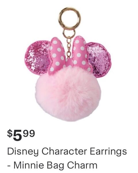 Pink Minnie Mouse inspired bag charm with glitter pink ears a polka dotted bow and a fluffy light pink pom pom on a gold keyring Disney character earrings bag charm