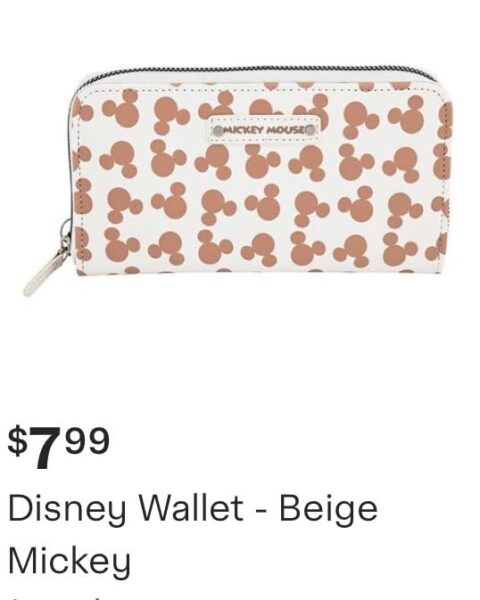 Beige zip around wallet with repeating brown Mickey Mouse head silhouettes and a small brand tag reading Mickey Mouse