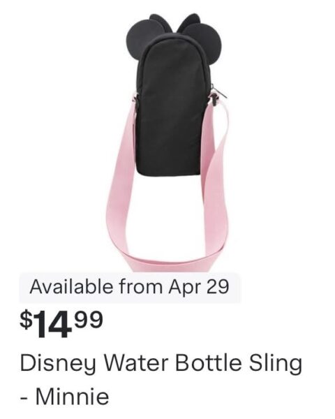 Small black mini backpack with pink shoulder strap and Minnie Mouse ears used as a Disney water bottle sling