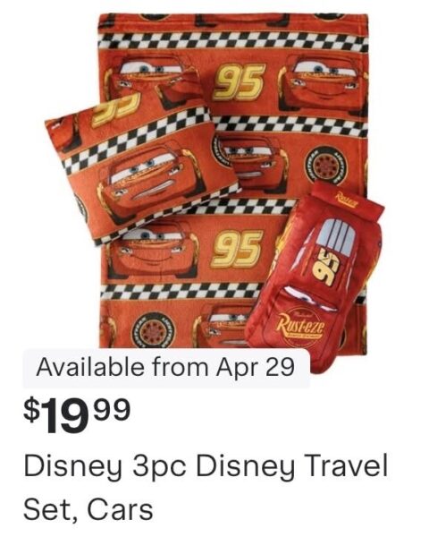 Disney Cars 3 piece travel set for kids including an orange Lightning McQueen blanket with race flag patterns and a red car themed accessory