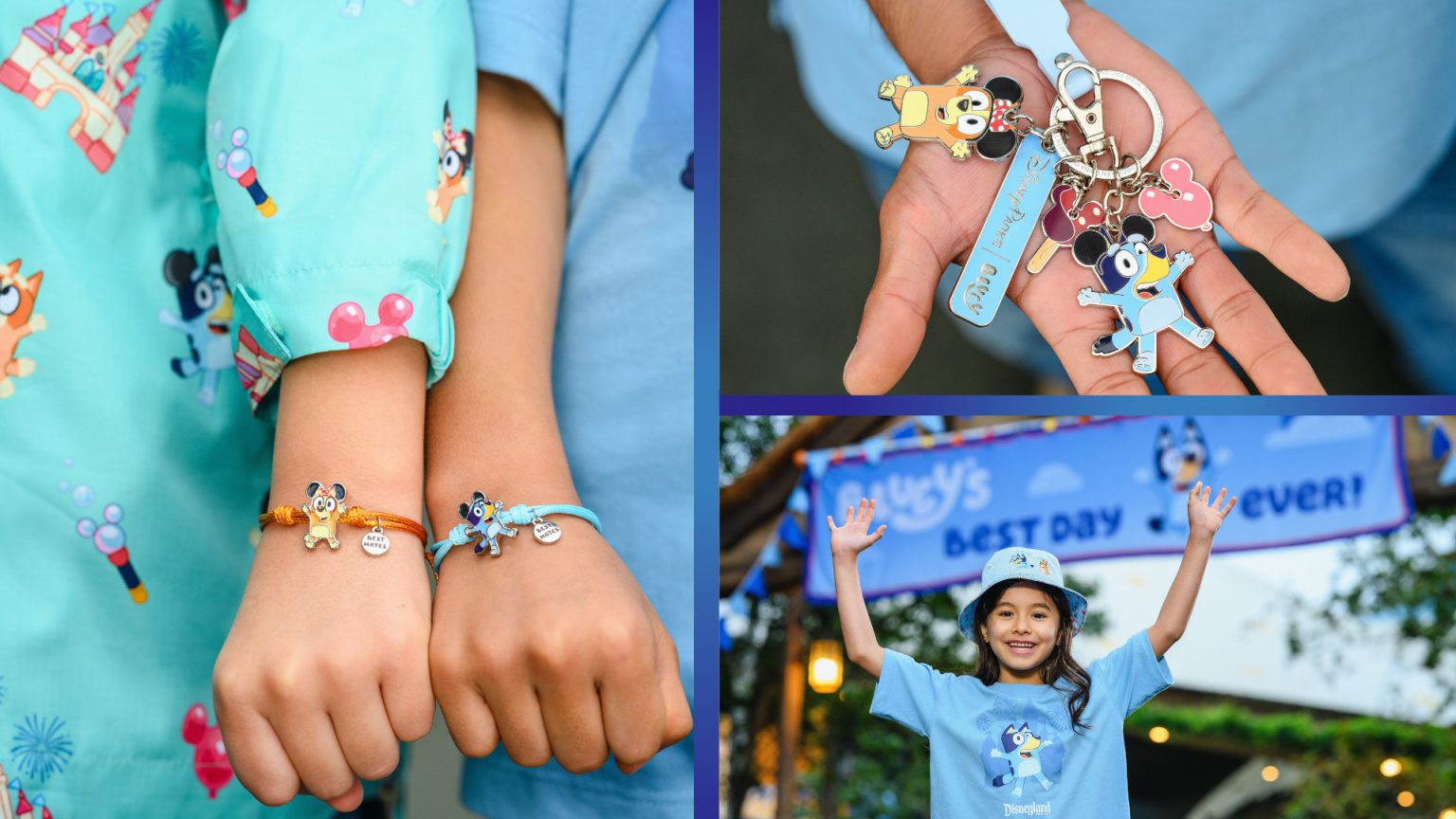 Close up of Two Wrists Showing Disney Character Bracelets with Mickey Charms Against Turquoise Clothing