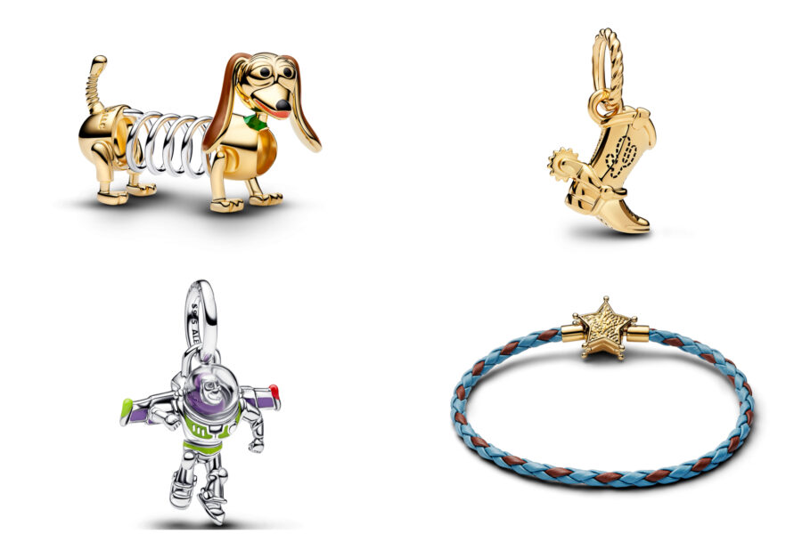 Assorted jewelry charms dachshund boot pendant Buzz Lightyear figure and a blue braided bracelet with a gold star pendant