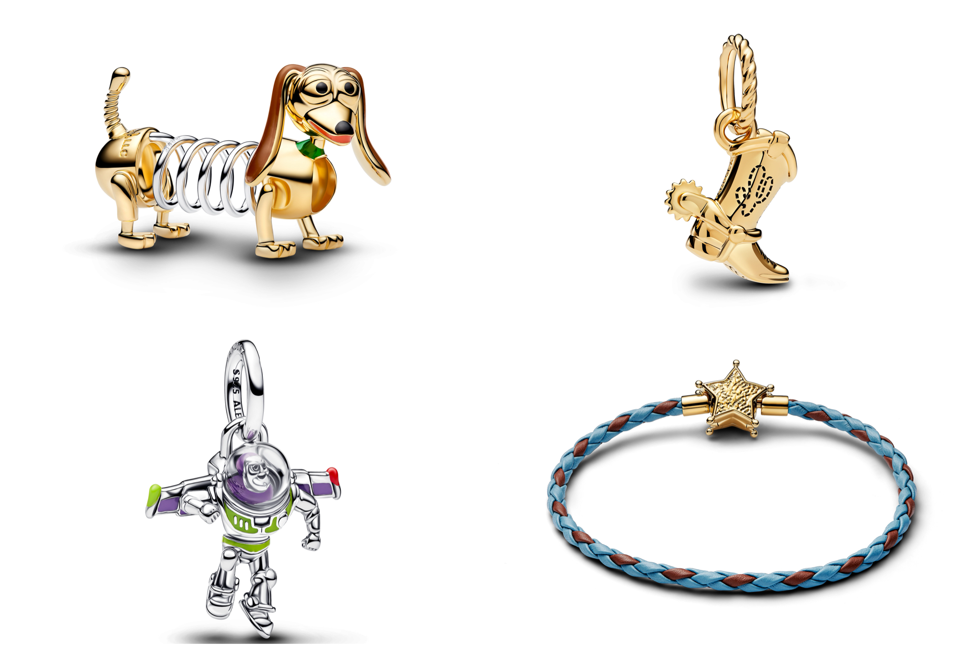 Assorted Jewelry Charms Dachshund Boot Pendant Buzz Lightyear Figure and a Blue Braided Bracelet with a Gold Star Pendant