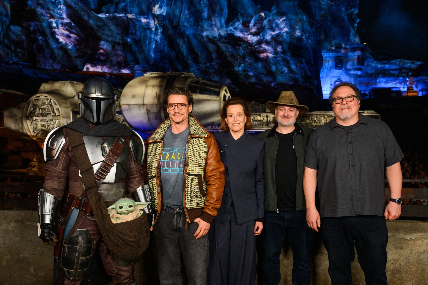 Din Djarin Pedro Pascal Sigourney Weaver Dave Filoni and Jon Favreau
